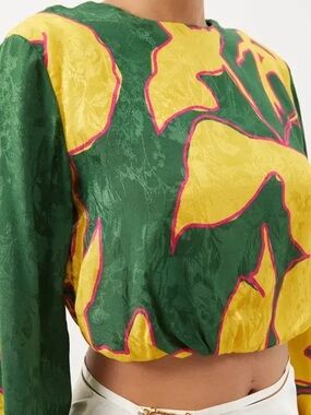 Johanna Ortiz Reversible Yellow, Green & Pink Floral Silk Jacquard Crop Top